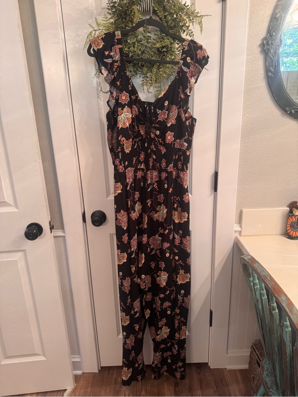 Cato Black Floral Smocked-Waist Jumpsuit with Ruffle Sleeves